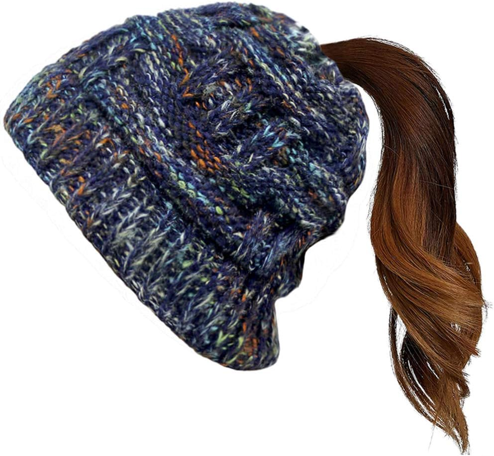 Taidor Messy Bun Ponytail Beanie Hat Colored Dots Cable Knit Cap for Women Girls Winter