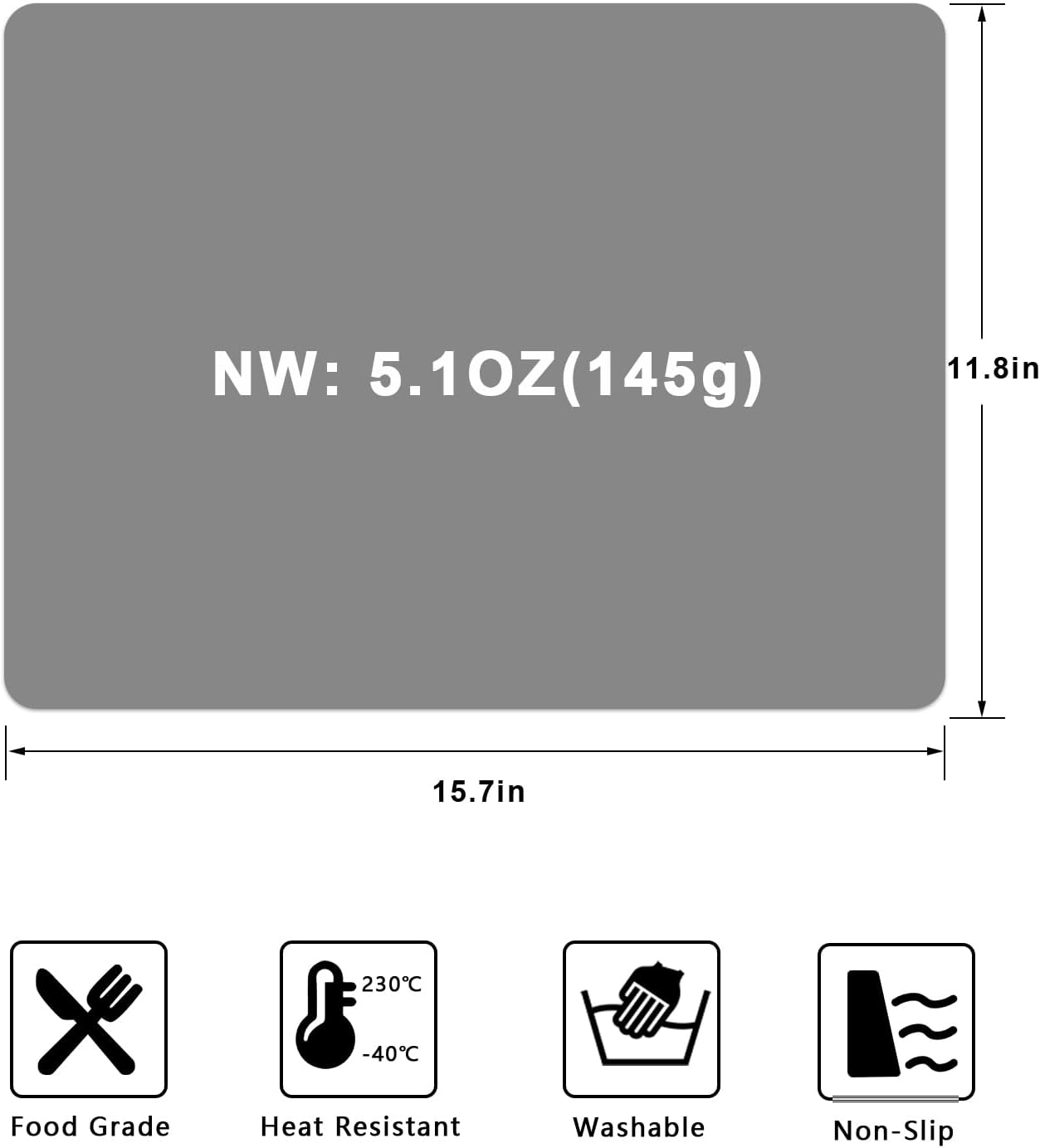 Silicone Placemats, Food-Grade Non-Slip Waterproof, Dining, Countertop Protector, Kitchen Counter Mat, Heat Resistant, Baking Mat Dishwasher Safe (Grey, 5.1Oz&times;2Pack)