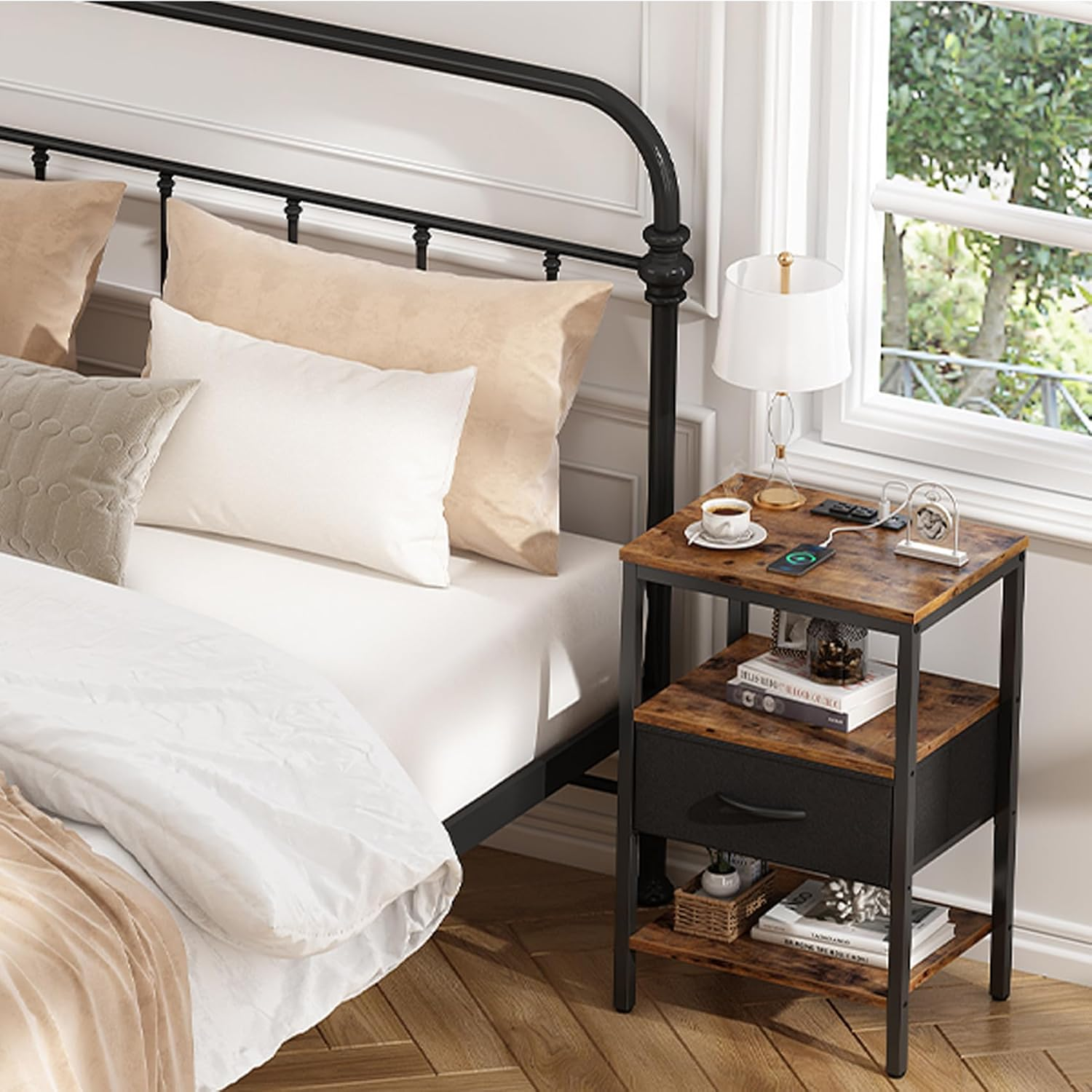 Nightstand with Charging Station, End Table with Storage Shelf and Fabric Drawer, Bedside Table with USB Ports and Outlets for Bedroom Living Room, 40 * 30 * 60Cm Rustic Brown image number 1