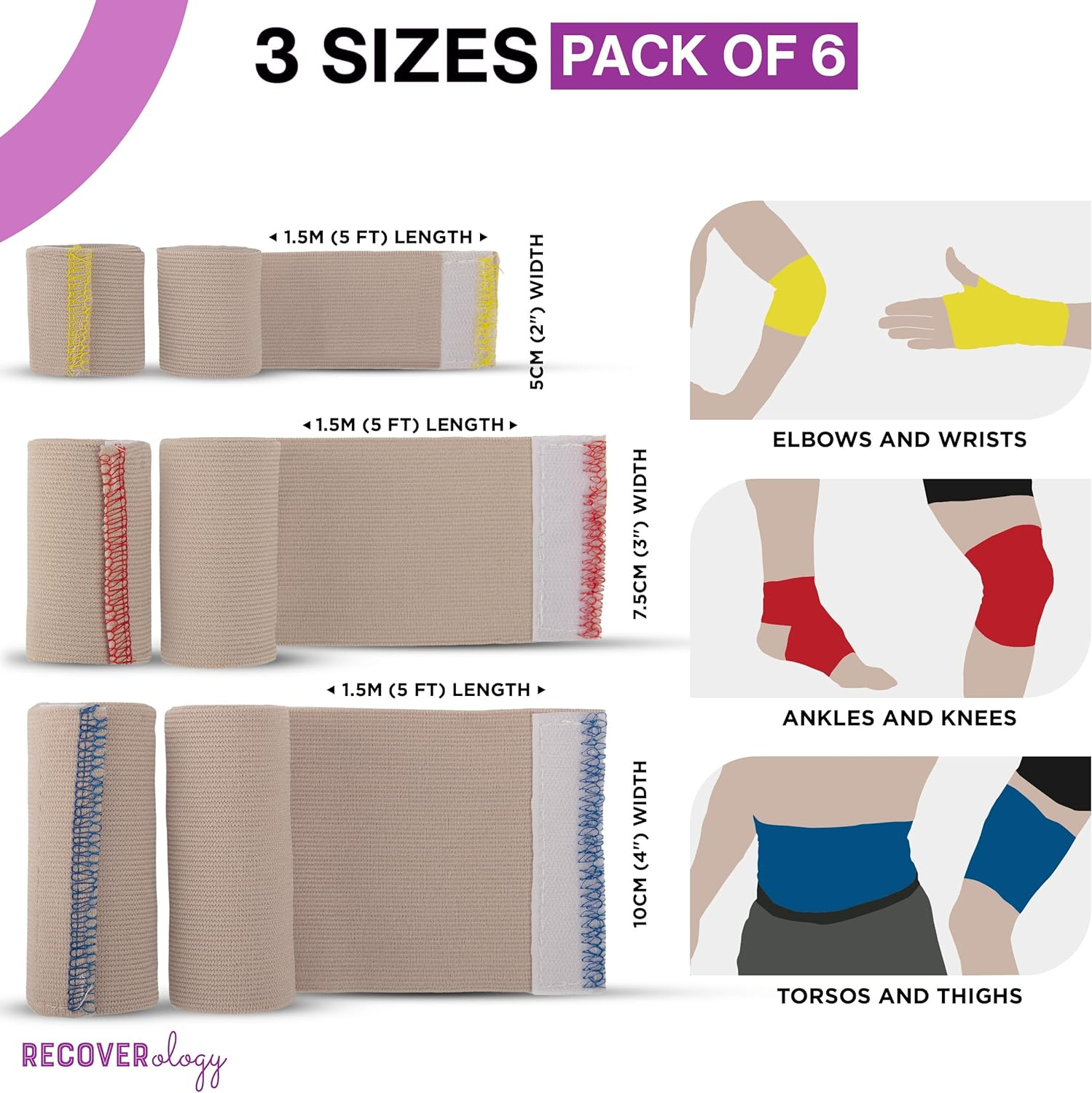 Premium Elastic Bandage Wrap with Self-Closures &ndash; 6 Pack (2X5Cm, 2X7.5Cm, 2X10Cm) &ndash; Compression Bandage Wraps for Wrists, Elbows, Ankles, Knees, Thighs and Torso - Self Adhesive image number 3