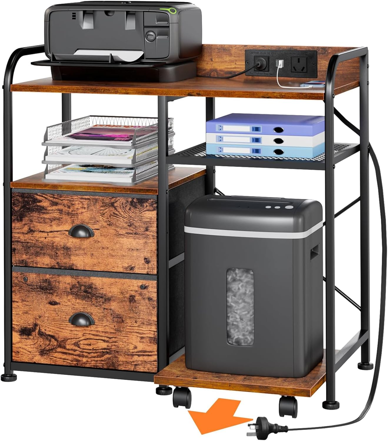 Kisfam Printer Stand with Filing Cabinet, USB Charging Station, 4 Open Shelves, Adjustable Height & Mobile Casters for Office/Home Use