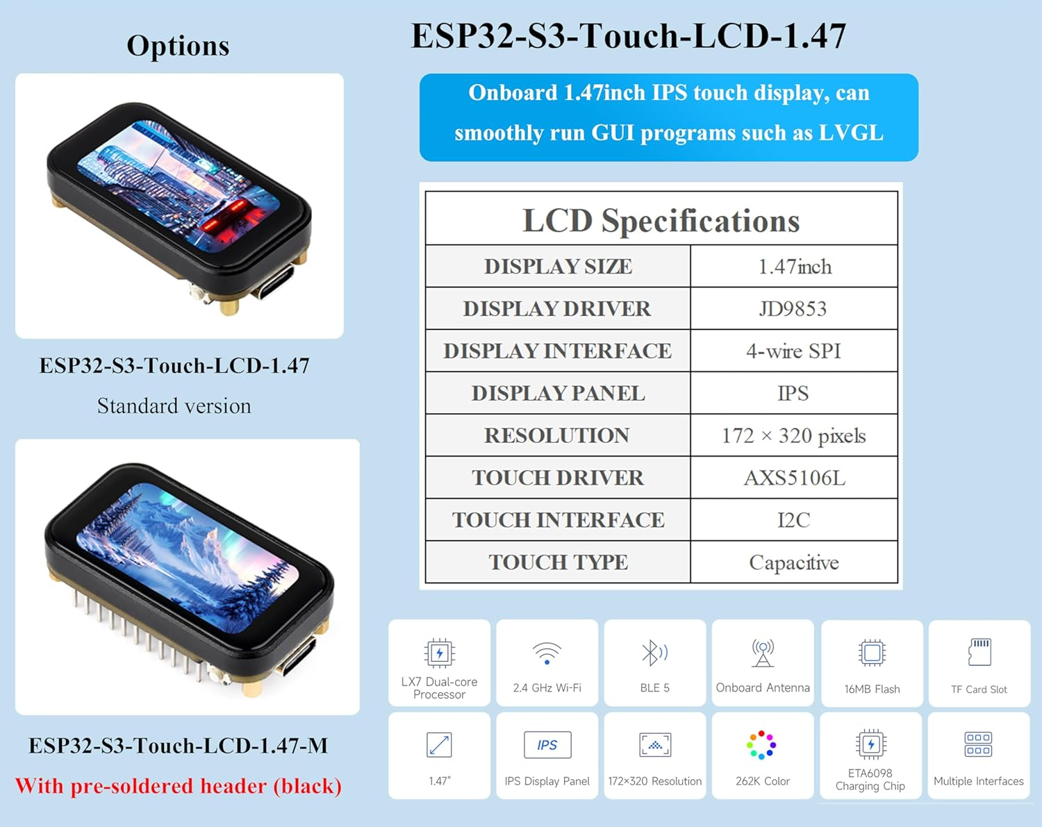 ESP32-S3 1.47Inch Touch Display Development Board, 172X320 Resolution IPS LCD, 262K Display Color, Supports 2.4Ghz W-F-I/Ble 5, 240Mhz LX7 Dual-Core Processor, Type-C, with Pre-Soldered Header image number 4