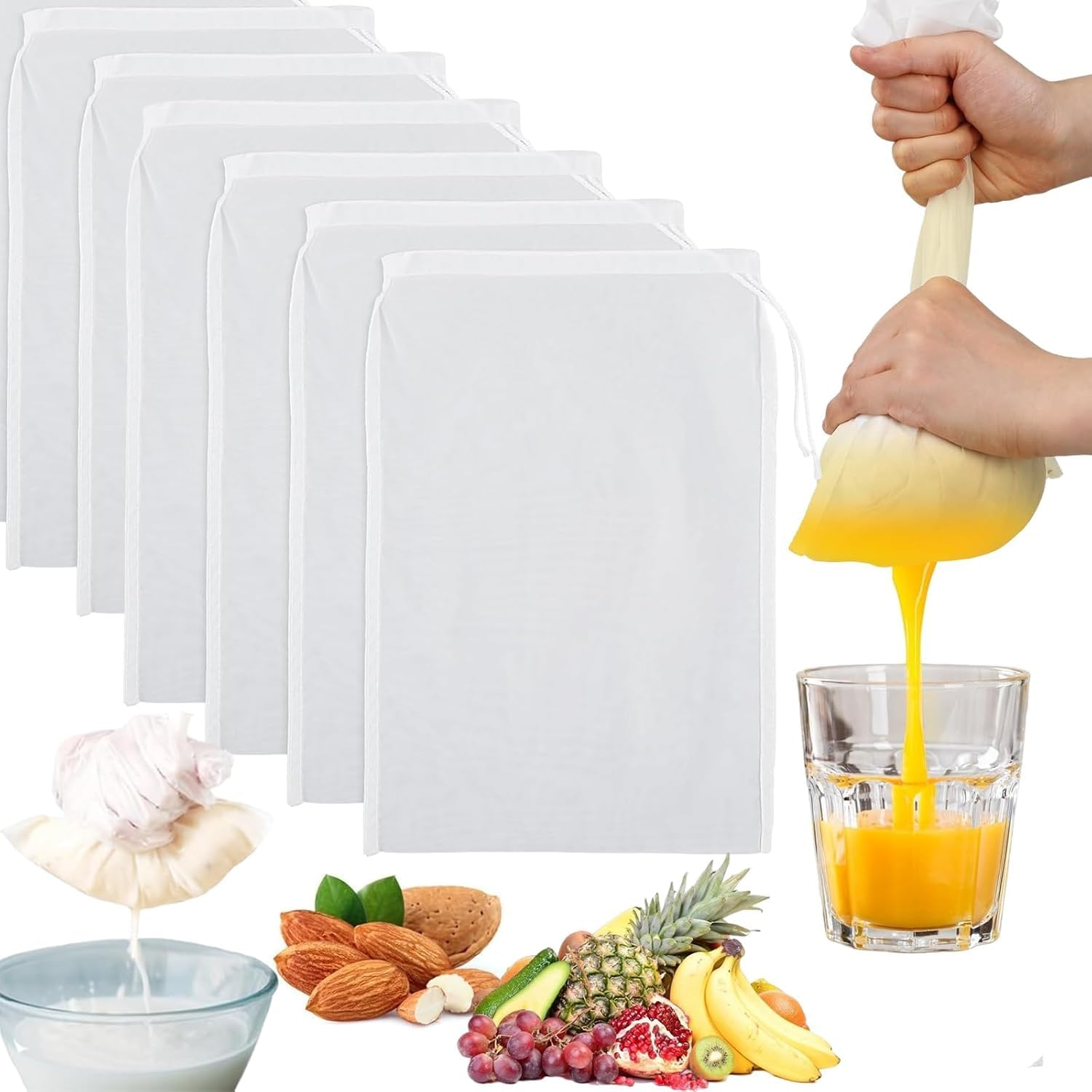 6 Pack Cheese Cloth Cheesecloth for Straining, 8&rdquo;X12&rdquo; Food Grade Nylon Muslin Cloths for Cooking, Strainer Bag for Nut Milk, Soy Milk, Grape Juice, Jelly, Fried Food Cloth Filter Bags image number 1