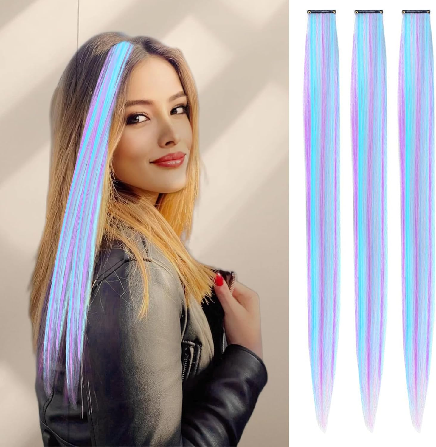 Healife Pack of 12 Clip-In Extensions, Hair Strands for Clip-In, Glitter Hair Bundles, Hairpiece with Clip Hair Extensions for Girls, Coloured Wire Hair Extensions, 9 Inch Clip-In Hair Bundles image number 1