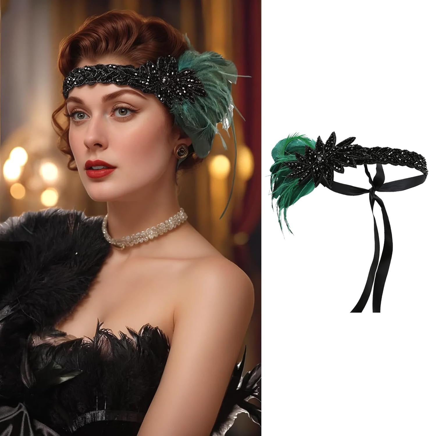 Lufdegim Women'S 1920S Feather Headband, 20S Flapper Feather Hair Band, Gatsby Costume Accessories, Charleston Hairband, Headpiece for Carnival Fancy Dress Costume Theme Party image number 4