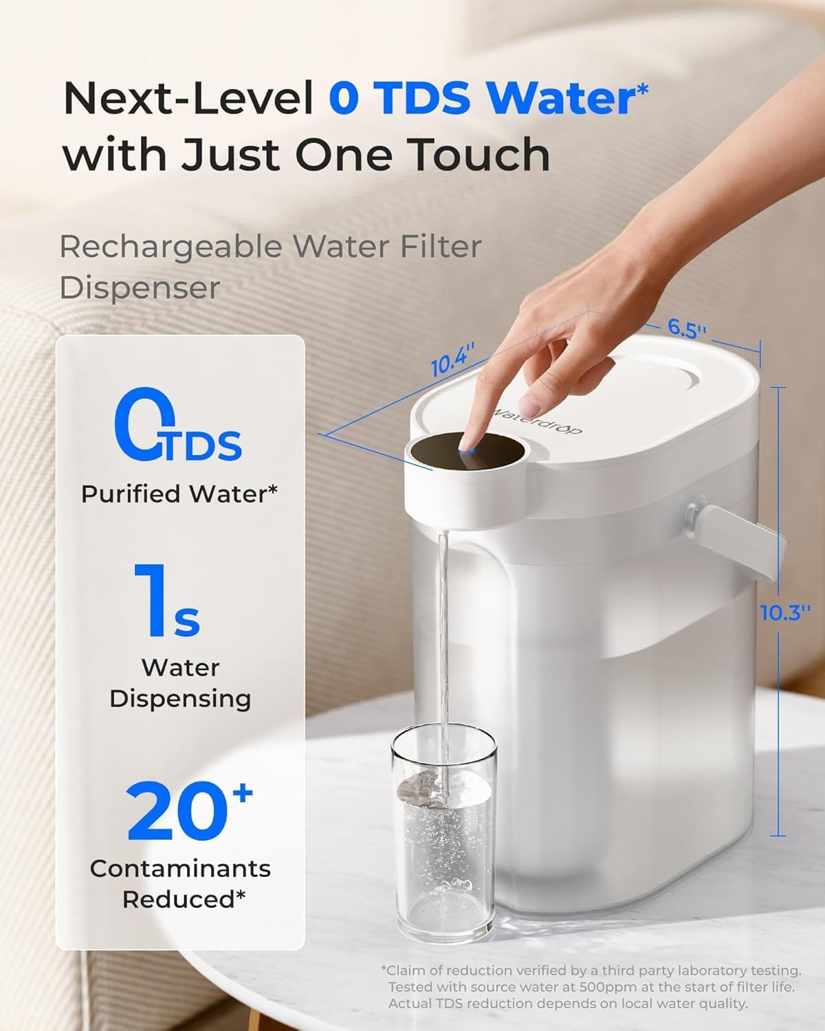 Waterdrop Water Filter Jug, 0 TDS Rechargeable Water Purifier, 4-Stage Instant Electric Powerful Jug, Reduce Chlorine, Lead, 3.6L Countertop System with 1 Filter