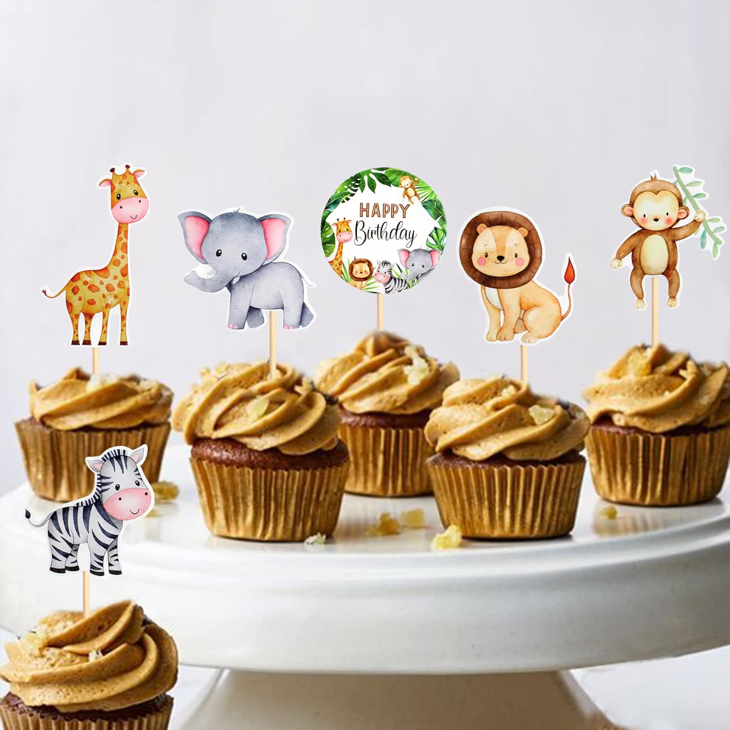 24Pcs Jungle Safari Animal Theme Cupcake Toppers Dessert Muffin Cake Picks Cake Decoration for Jungle Safari Themed Party Baby Shower or Birthday Party Decoration image number 1