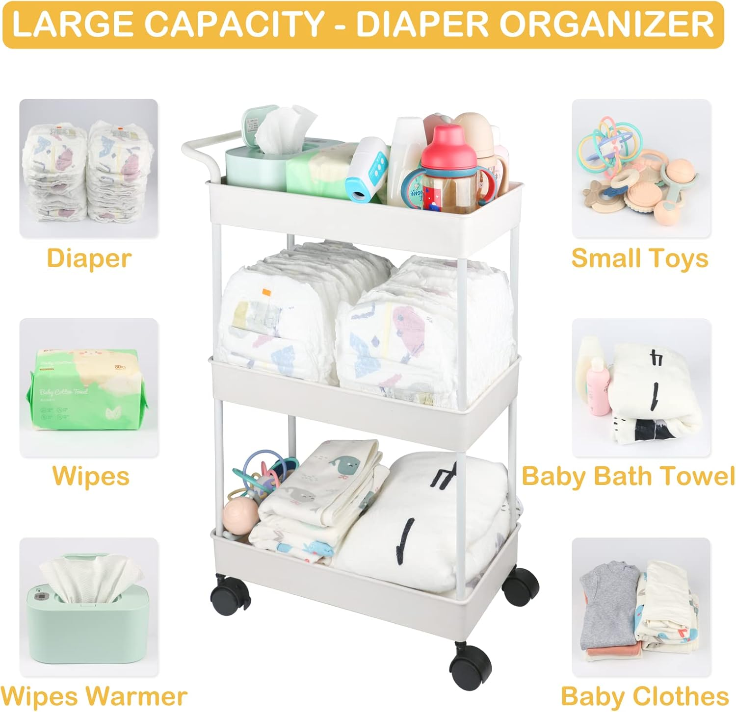 Volnamal Baby Diaper Caddy, Plastic Movable Diaper Cart Newborn Nursery Essentials Baby Diapers Organizer for Changing Table & Crib, Easy to Assemble, Beige (DH02W) image number 2