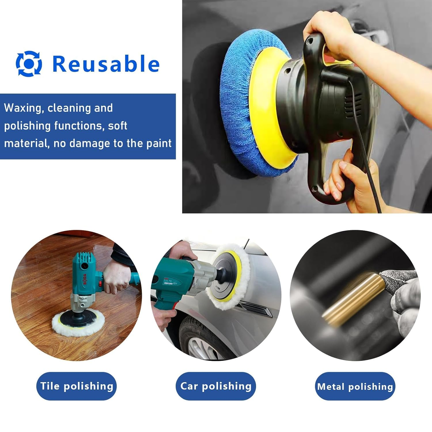 LIUKCHGE 9PCS Car Polisher Pad, 7 to 8 Inches Car Orbital Microfiber Bonnet Polishing Buffing Pad Cover, Universal Auto Cleaning Waxers Kit- 4 Microfiber, 3 Coral Fleece, 2 Woolen (7-8 Inches)