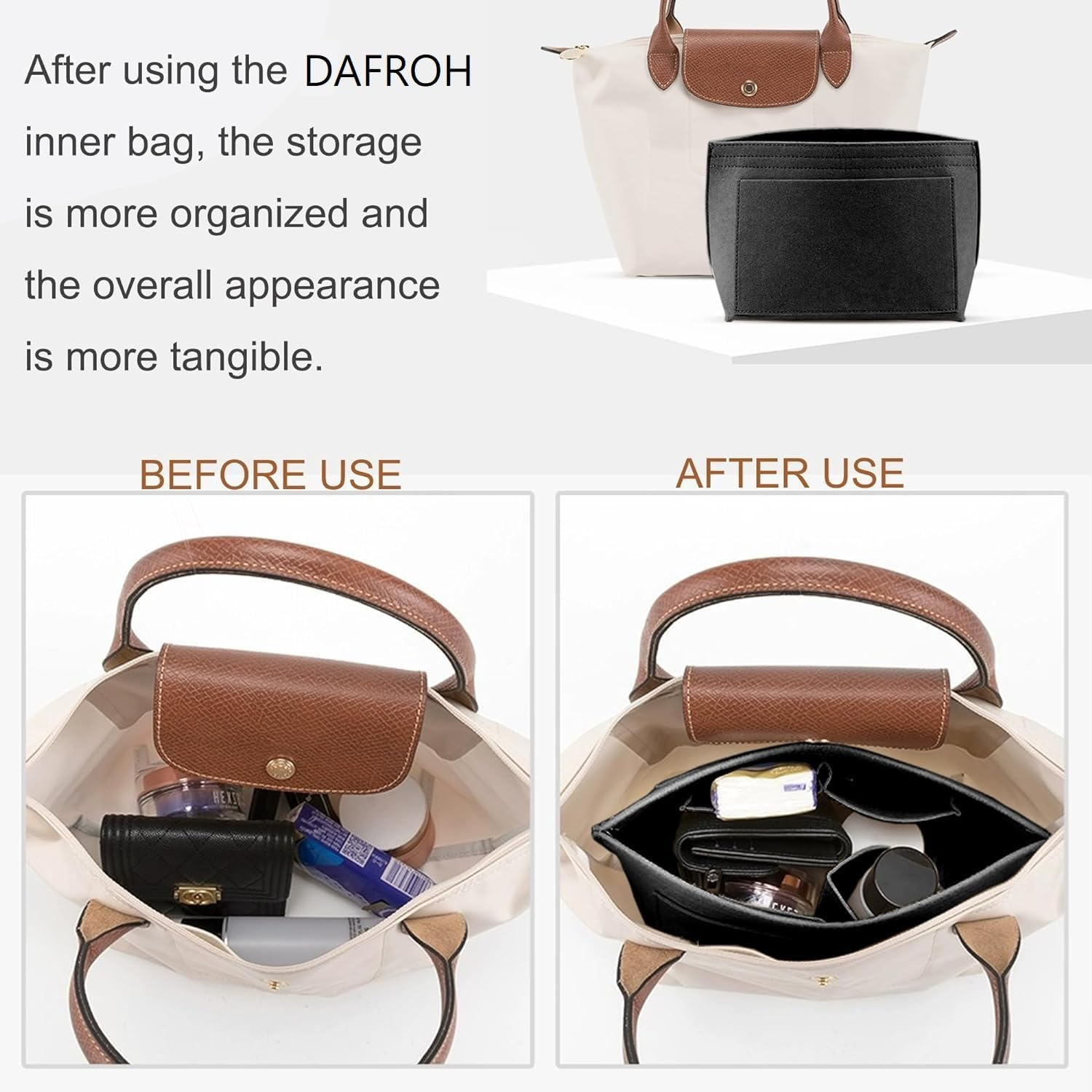 DAFROH Purse Organiser, Multi-Pocket Felt Handbag Organiser, Folding Tote Bag Organiser Insert for Insert Wallet Organiser for Longchamp (Black, Medium) image number 1