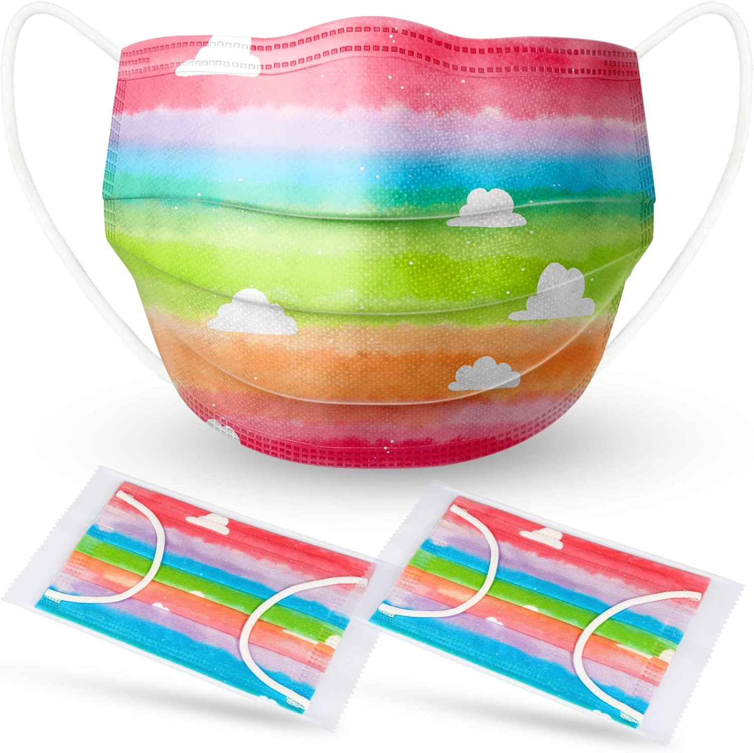 Kids' 60PCS Disposable Face Masks Rainbow Watercolor Cloud Pattern Individually Wrapped 3-Layer Filter Elastic Earloop Skin-Friendly Breathable Comfortable Fit Nonwoven Fabric image number 1