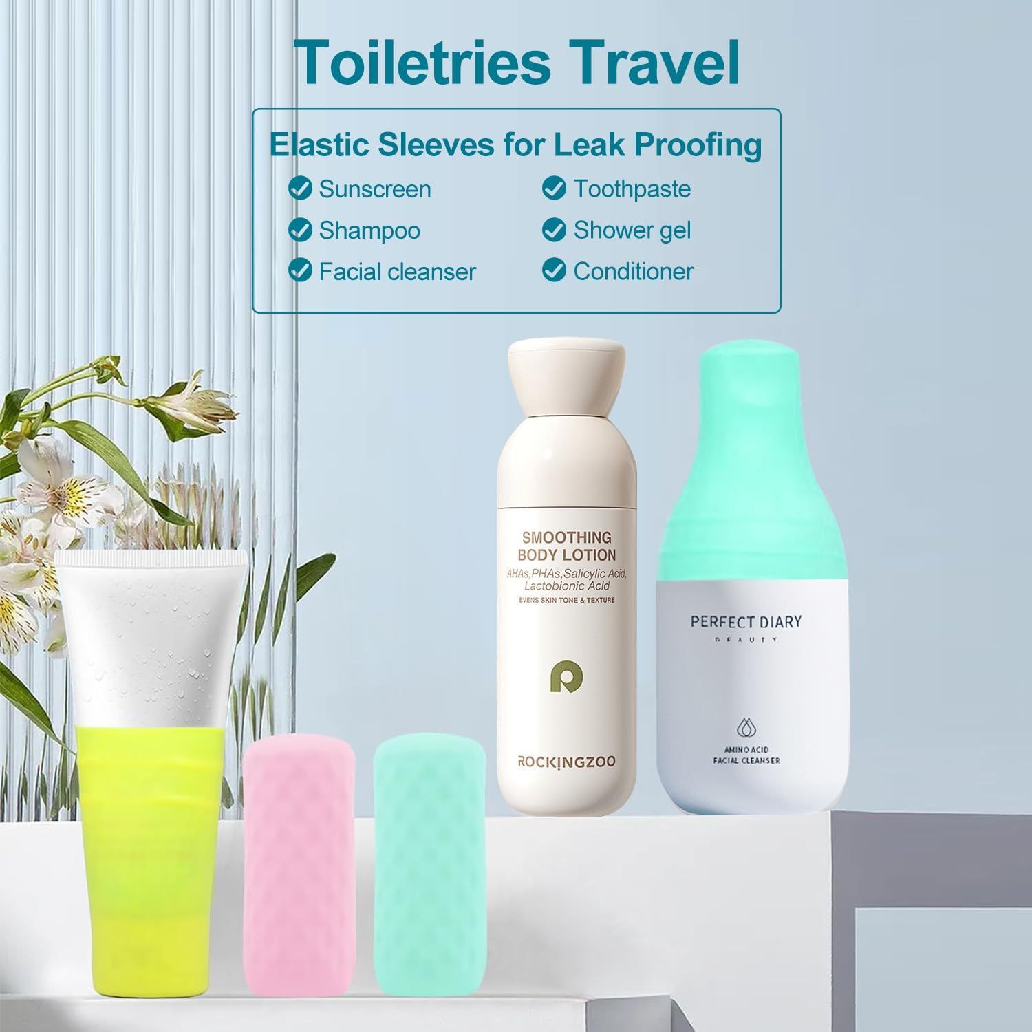 Silicone Bottle Covers,8 Pack Cruise Ship Essentials,H HOME-MART Travel Accessories Luggage for Women Men, Travel Essentials for Women Men,Leak Proofing, Fit Most Travel Size Bottles Toiletries image number 1