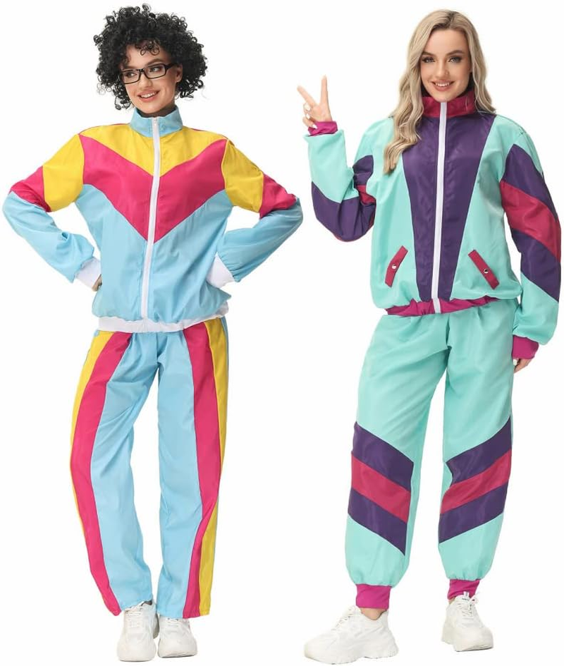 COREWO Womens 80S Tracksuit Retro Hip Hop Windbreaker Women Disco Tracksuit Sets Colorblock One Piece Outfits Set