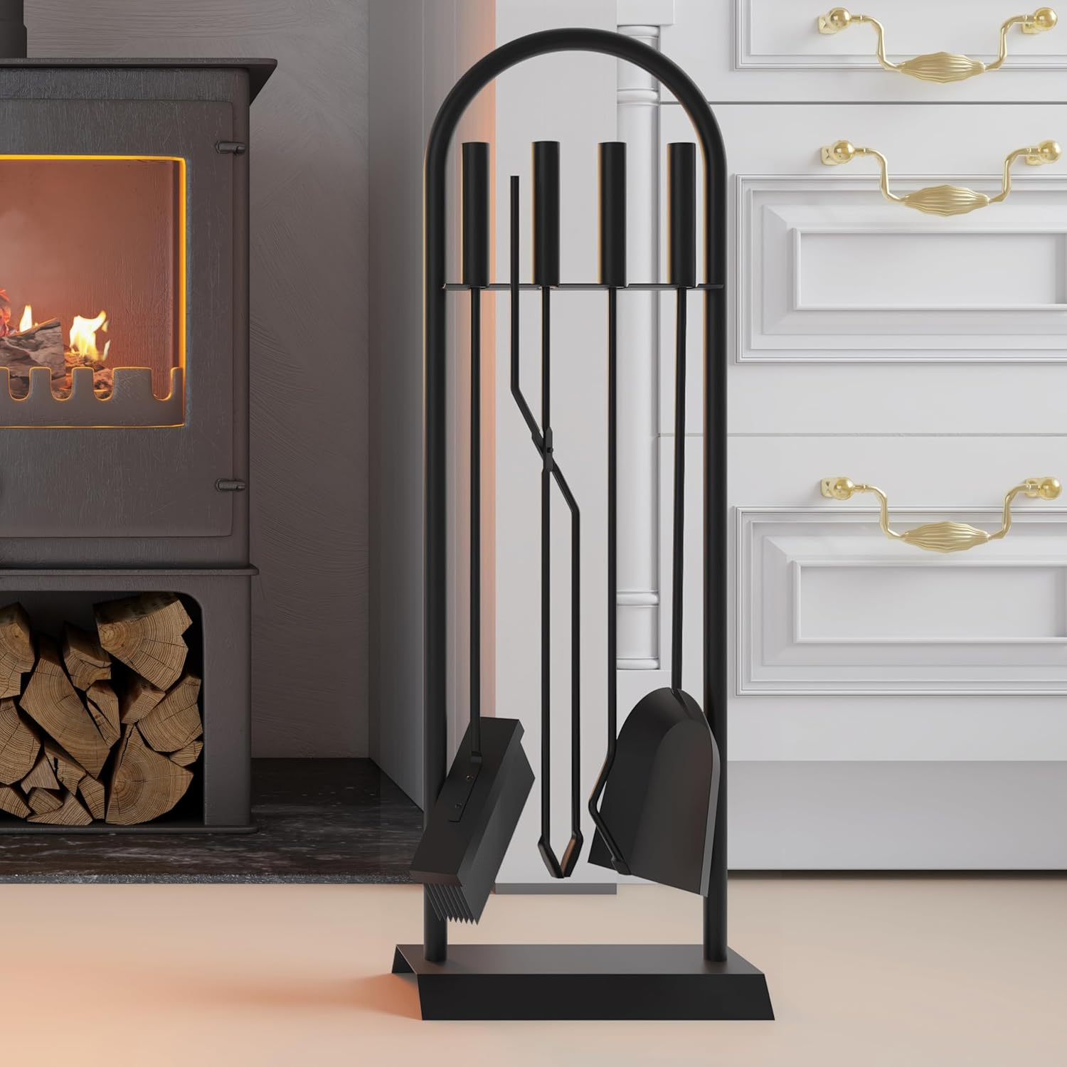 Kingson Classic Black 5 Piece Fireplace Companion Set 23 X 14 X 68 Cm Fireplace Accessories Elegant Fireplace Tool Set image number 2