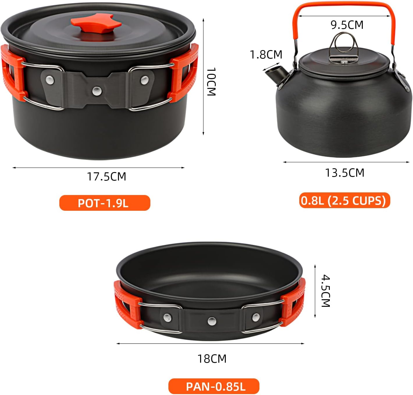 16Pcs Camping Cookware Mess Kit, Aluminum & Stainless Steel, Orange, One Size image number 5