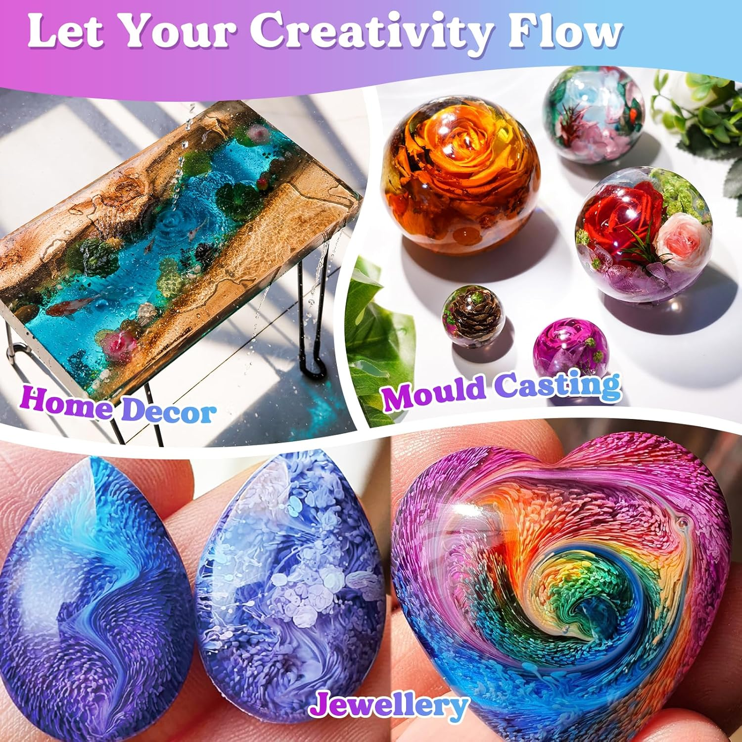 LET'S RESIN Casting Epoxy Resin Kit, 1L Crystal Clear & Bubble Free Epoxy Resin and Hardener, High Gloss Resin Kit for DIY Art, Mould Casting, Wood, Jewellery Making, Coasters, Table Top image number 4