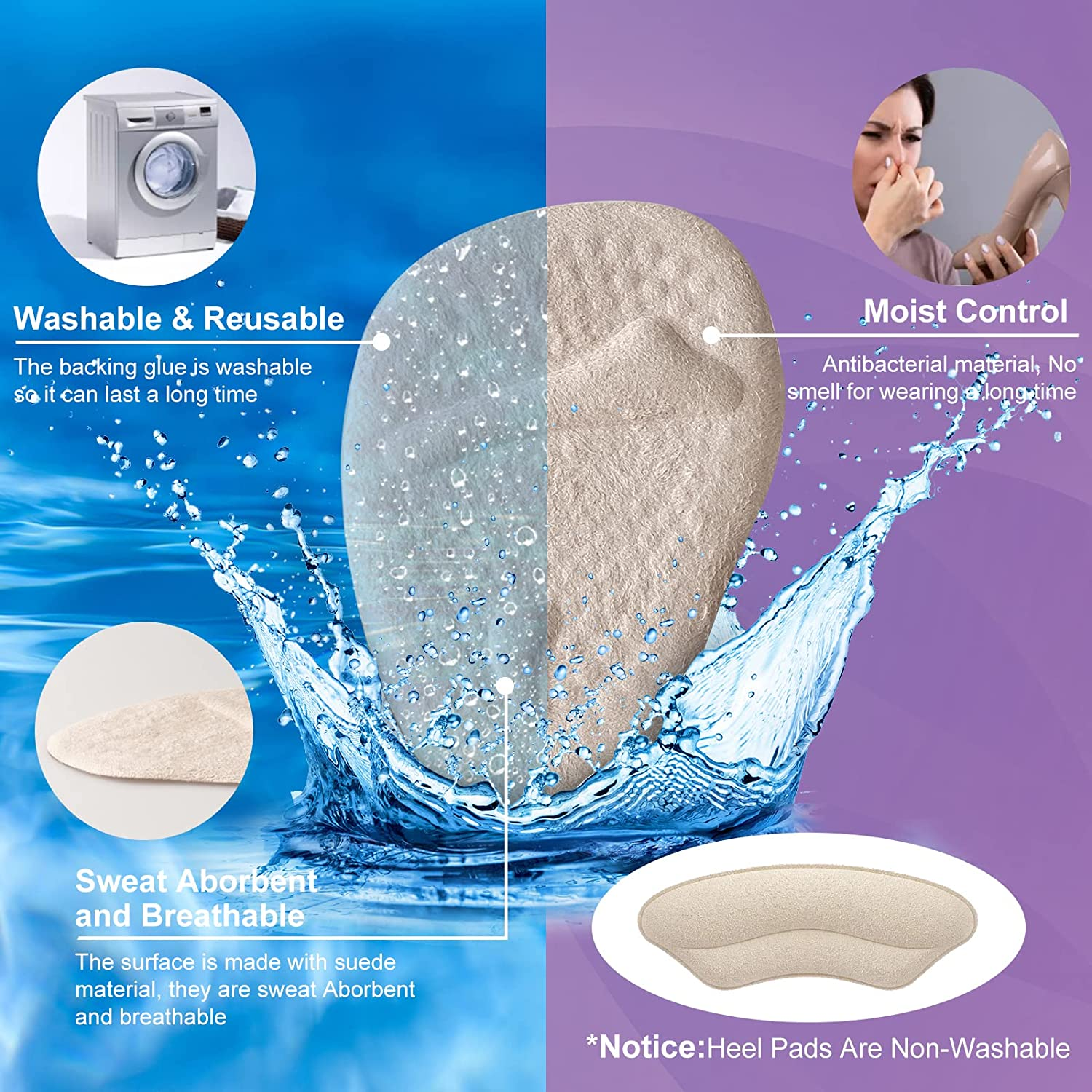 Riootlnm Metatarsal Pads, Ball of Foot Cushions, Heel Pads Inserts for Too Big Shoe, Reduce Foot Pain, No Slip Heel Grips Liners Shoe Pads for Loose Shoe, Blisters, Beige+Black, One Size image number 2