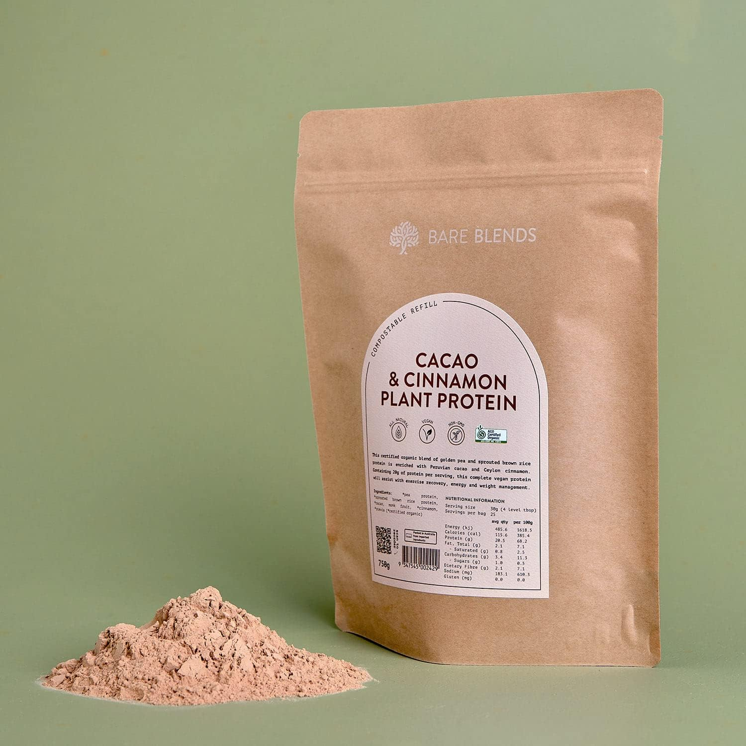 Bare Blends Cacao & Cinnamon Plant Protein | Vegan Protein Powder | Certified Organic | Gluten Free (750G) image number 2