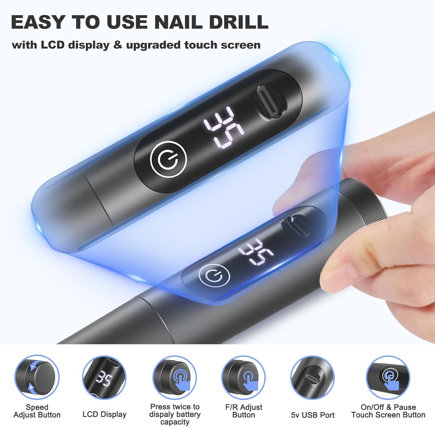 Professional Nail Drill Cordless, 35000RPM Touchscreen Portable Efile Nail Drill Kit with LCD Display for Manicure Pedicure Polishing, Foot Nail Grinder Electric Nail File Set for Home, Salon, Travel image number 6