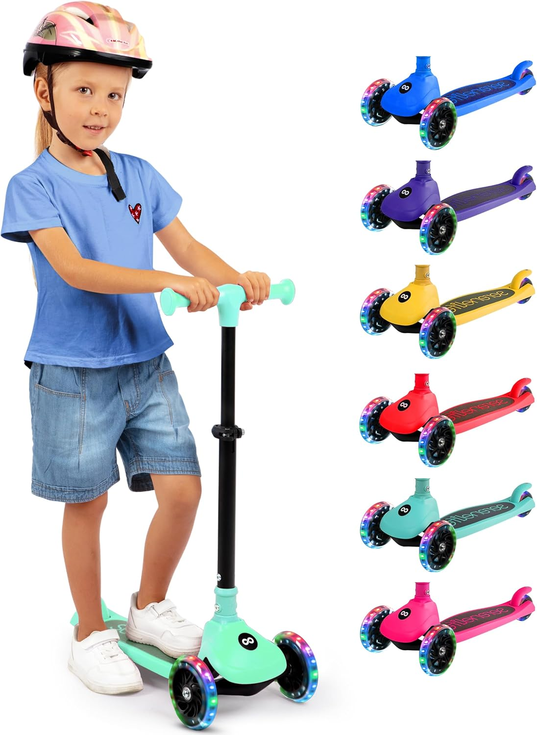 Serenelife 3 Wheel Scooter for Toddlers & Kids, Foldable Seat, LED Wheels, Adjustable Handlebar, Anti-Slip Deck, Rear Foot Brake, Lean-To-Steer, Kid Scooter Ages 18M&ndash;7Y, Supports up to 50 Kg.