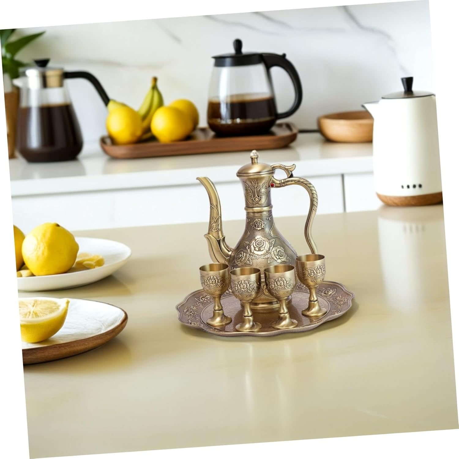 LABRIMP Vintage Turkish Tea Set Metal Espresso Coffee Pitcher with Artistic Rose Embossing Fade-Resistant Bronze Finish Elegant Court Style Coffee Decanter Tray for Home Bar Wedding And image number 1