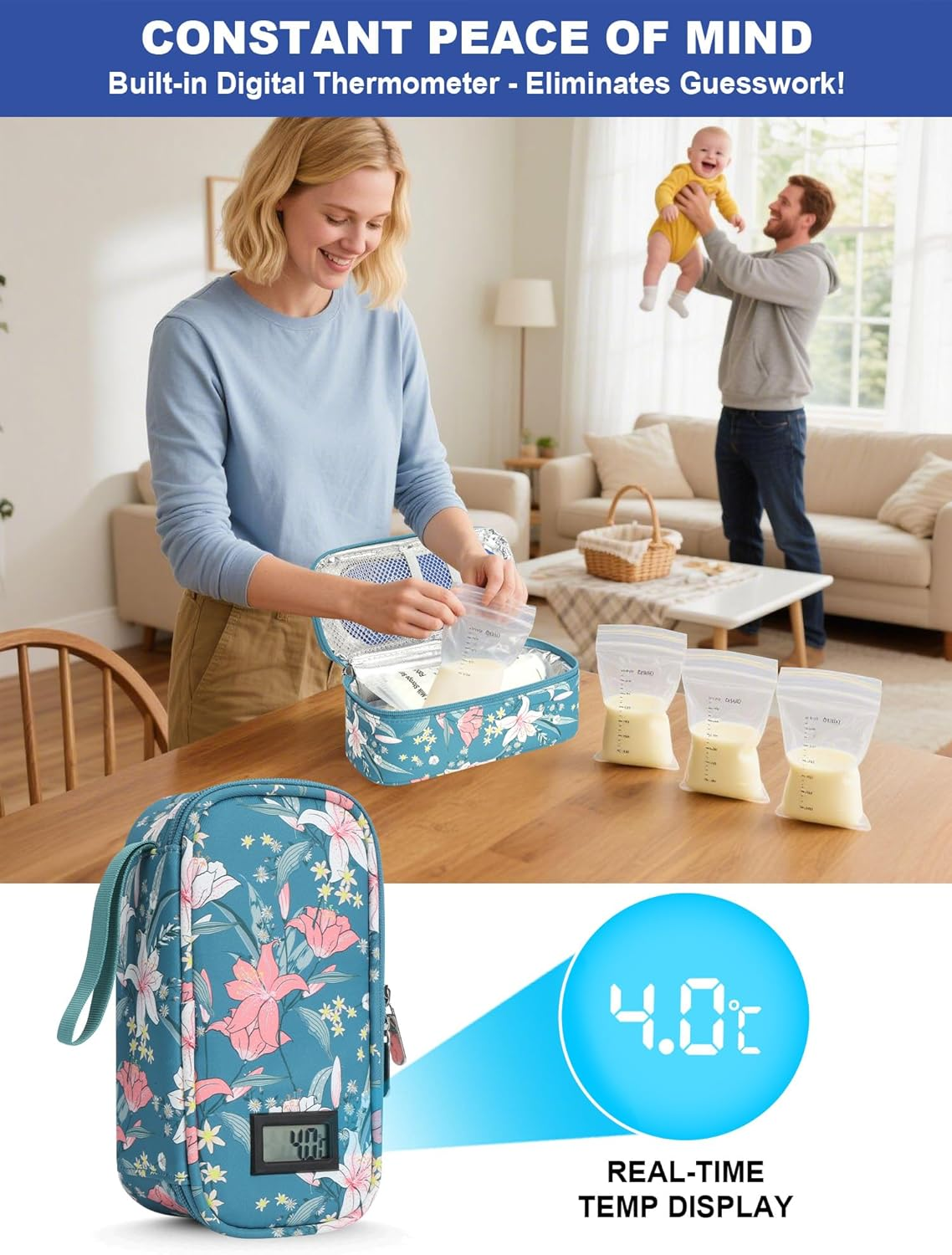 YOUSHARES Breastmilk Cooler Case - Breast Milk Cooler Travel Bag, Real-Time Temperature Display, Holds 4-6 Breastmilk Storage Bag with 2 Breast Milk Ice Pack for Moms on the Go(Lily) image number 3