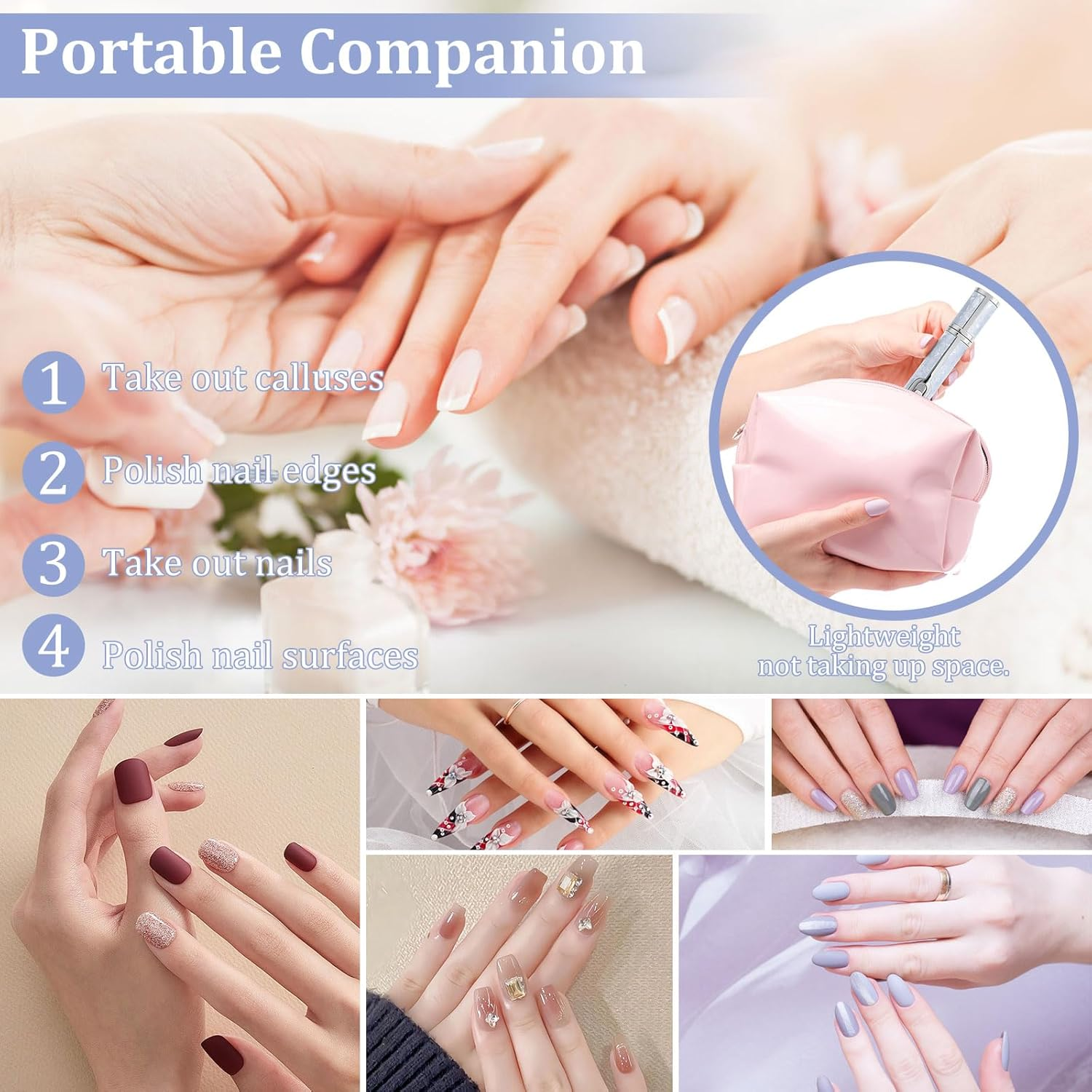 Aluminium Alloy Electric Nail File for Thick Toe Nails Rechargeable 4 Gears Low Noise Grinder for Manicure Pedicure with Bits Sanding Bands Suitable for Home Salon image number 4