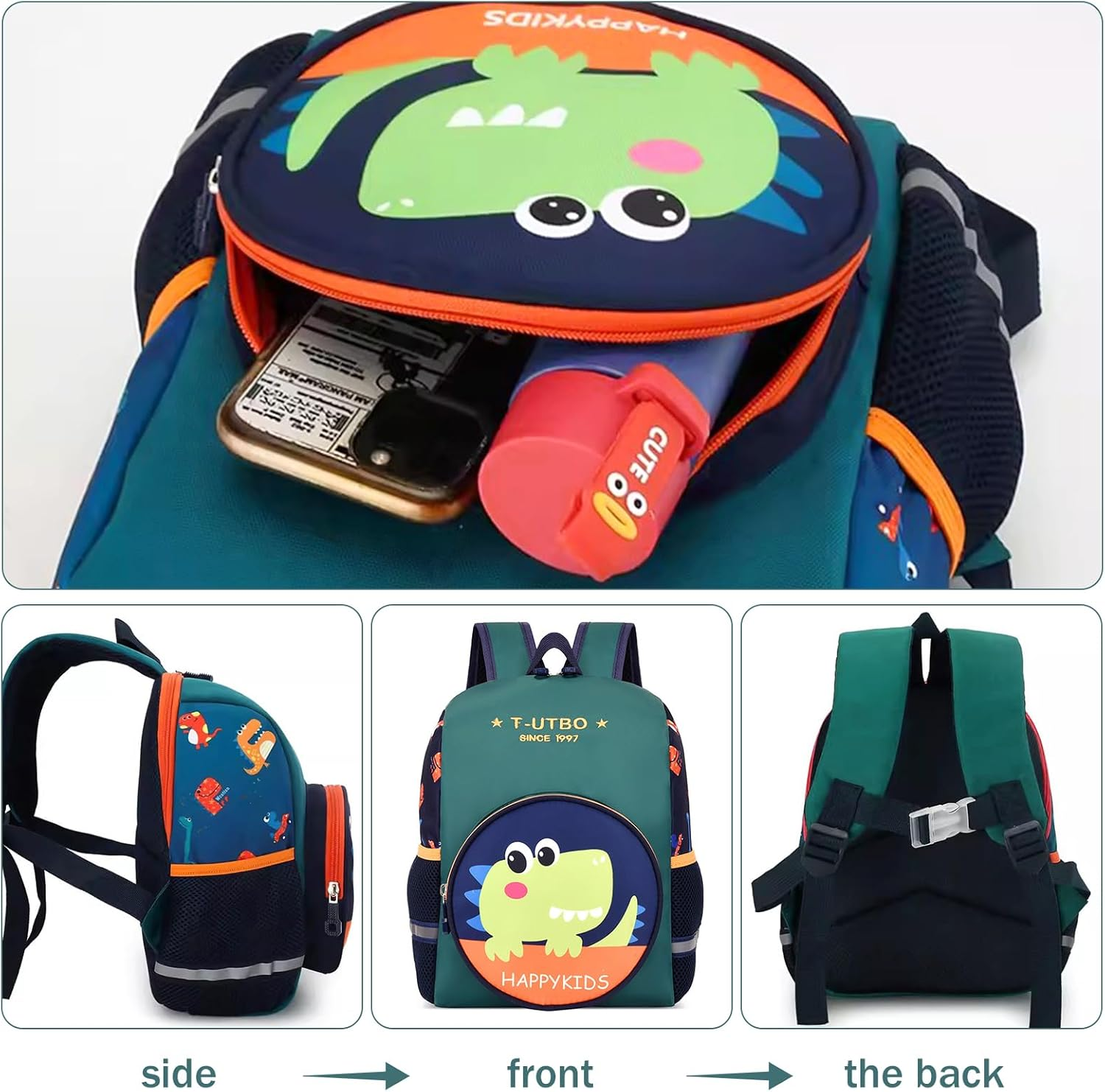 Litinliv Kids Children Dinosaur Backpack with Chest Strap, Toddler Backpack for Nursery, Kindergarten School Bag, Outdoor Rucksack, Kindergarten Nursery Backpack for 2-7 Years Boys Girls, Green, One image number 4