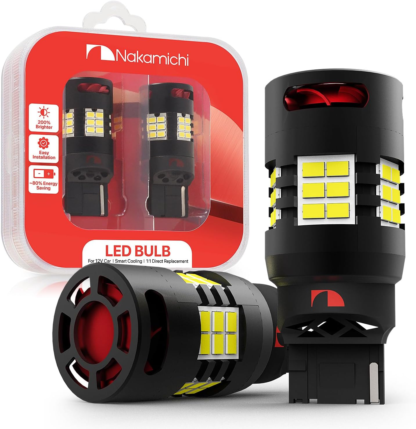 Nakamichi T20 7443 7441 7444 (W21/5W) Car LED Bulb 30-SMD 3020 Chip with Canbus Error-Free 12,000 RPM Fan for Brake Turn Signal Indicator Reverse Backup Tail Light (Monza Red, 30 Leds, Pack of 2)