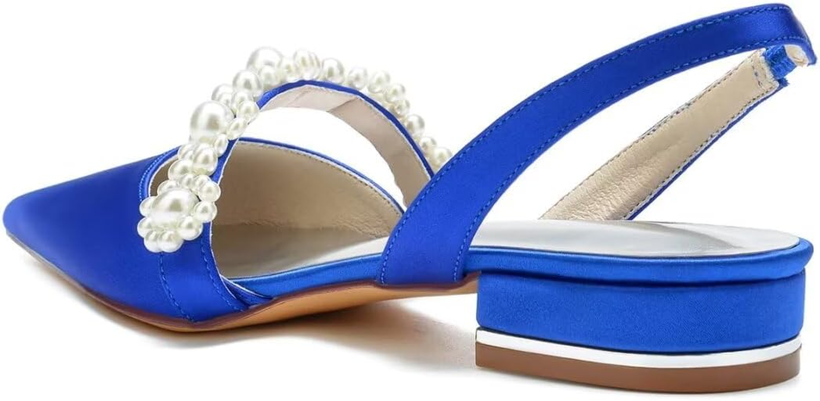 Satin Pearls Wedding Shoes for Bride Flat Pointed Toe Women Slingback Flats image number 2