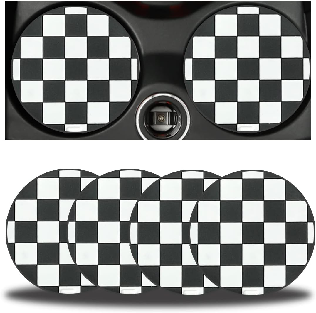 Zipelo 4 Pack Car Cup Coasters, 2.75 Inch Vehicle Holder Cup Holder Insert Coaster, Anti-Slip Automotive Black White Grid and American Flag Drink Cup Mat, Universal Interior Accessories (Black/White)