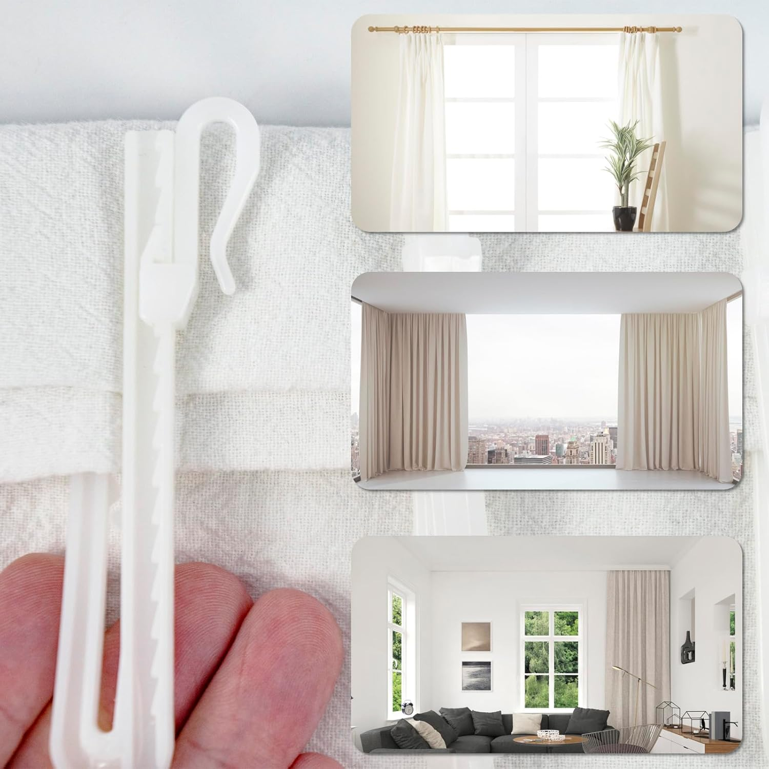 120Pcs White Plastic Curtain Hooks,Adjustable Depth Pinch Curtain Hook Clips,Ratchet System Pinch Pleat Curtain Hooks for Window Curtain, Door Curtain and Shower Curtain (White) image number 3