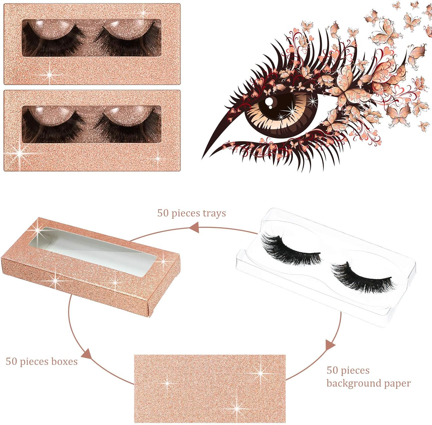 50 Sets Empty Eyelash Case Set, Include 50 Empty Eyelash Box Lash Box Packaging Eyelash Storage Box, 50 Eyelash Box Tray False Eyelash Storage Box Tray, 50 Internal Background Paper (Champagne Gold) image number 4