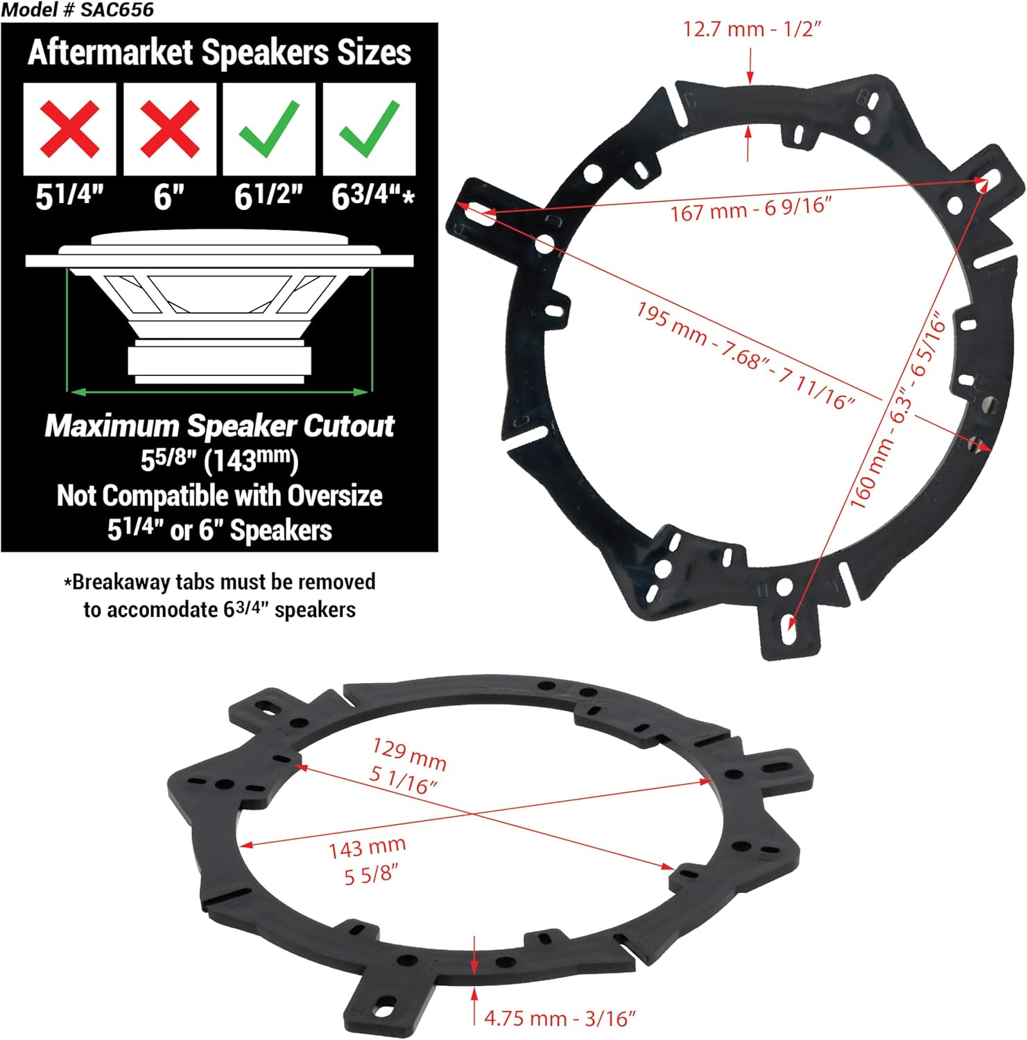SCOSCHE SAC656 1995-Up 6.75&rdquo; to 6.5&rdquo; or 5.25&rdquo; Speaker Adapter Pair