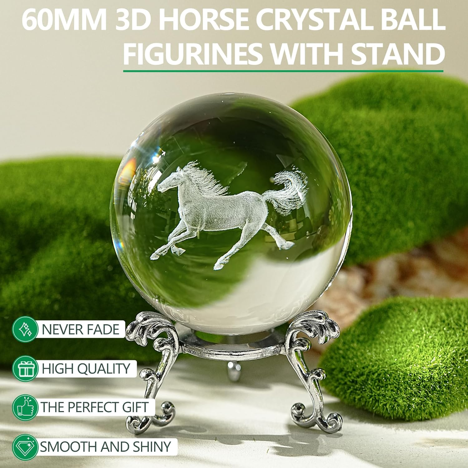 60Mm 3D Horse Crystal Ball Figurines with Stand Chinese Zodiac Glass Ball Feng Shui Sphere Home Table Decor image number 3