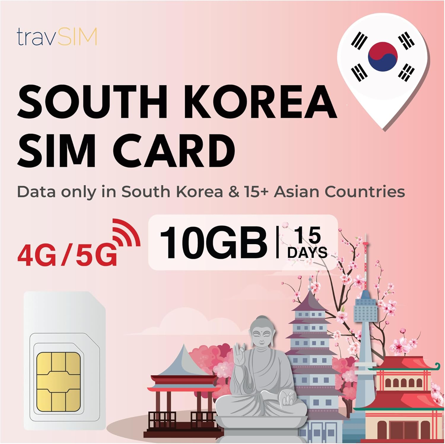 Travsim SIM Card for South Korea | 10GB Mobile Data | Free Roaming in Japan and over 15 Asian Countries | the SIM Card Plan for South Korea Is Valid for 15 Days. image number 1