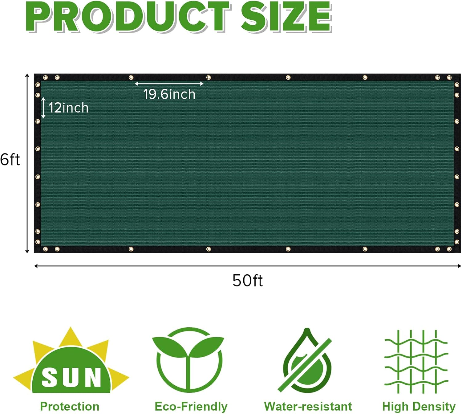 6' X 50' Heavy Duty Privacy Screen Fence, 90% Blockage Green Mesh Shade Net Cover with Brass Grommets for Garden, Yard, Wall, Backyard - Includes 75 Zip Ties (6' X 50', Green) image number 1