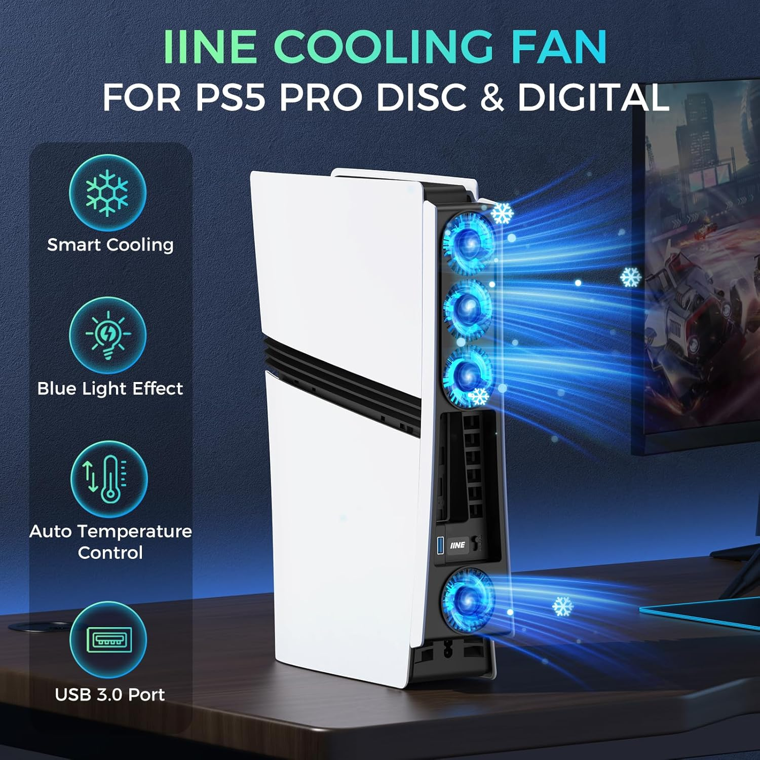 Cooling Fan for PS5 Pro, Efficient Cooler Fan with Adjustable Speed/Led Light, Temperature-Controlled PS5 PRO Cooling Accessories with USB 3.0 Port image number 2