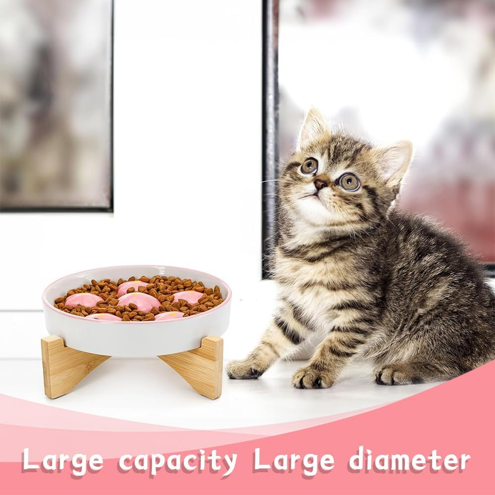Ceramic Slow-Feed Cat Bowl with Bamboo Stand, Non-Slip Base, Comfortable Feeding, Easy to Clean, Clean and Hygienic, Can Hold Dry Food and Water (Hand-Painted Pink Flowers) image number 4