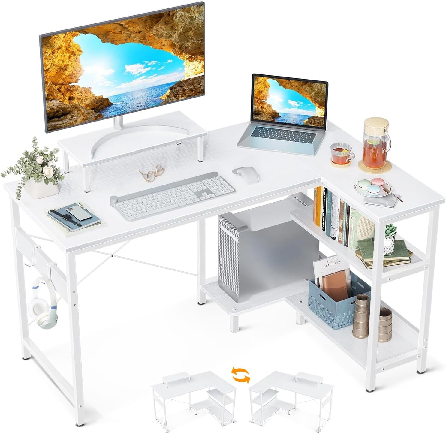 ODK L Shaped Computer Desk with Reversible Storage Shelves, 118 * 80 * 86.4Cm, Corner Desk with Monitor Stand&Headphone Hook, Home Office Desk, Modern Simple Writing Table, Black