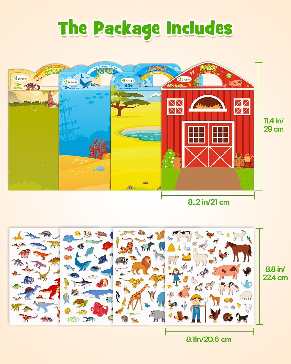 D-Fantix 3D Puffy Stickers for Kids Ages 4-8, Reusable Sticker Books for Toddlers 2-4 Years, Farm Dinosaur Ocean Safari, Car Road Trip Activities, Airplane Travel Toys, Birthday Gifts for Boys Girls image number 4