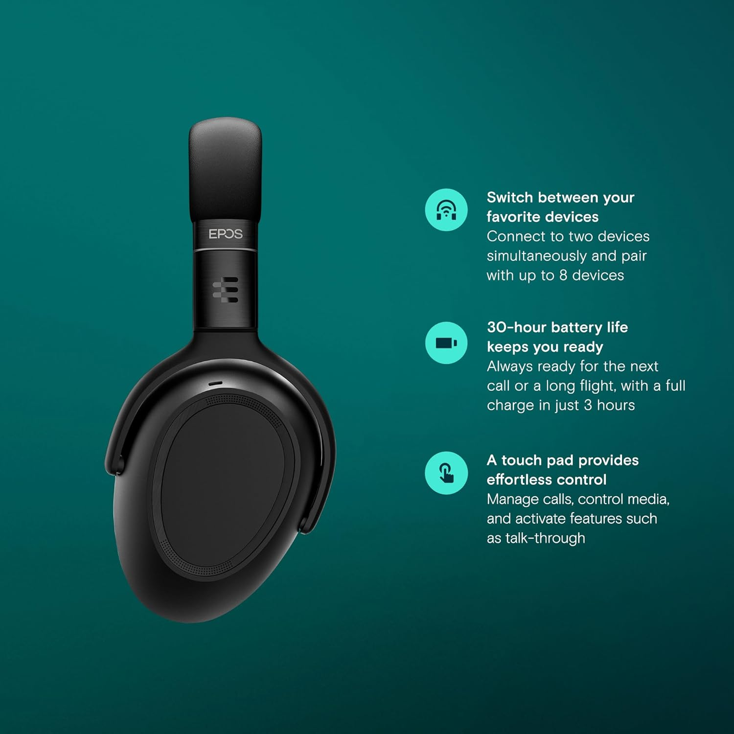 EPOS Adapt 660 USB-C Wireless Bluetooth Headset - Hybrid ANC, UC Certified, Noise Cancellation, 30 Hour Battery, Dual Device Connection, Premium Stereo Sound, Comfortable Over-Ear, Black image number 6