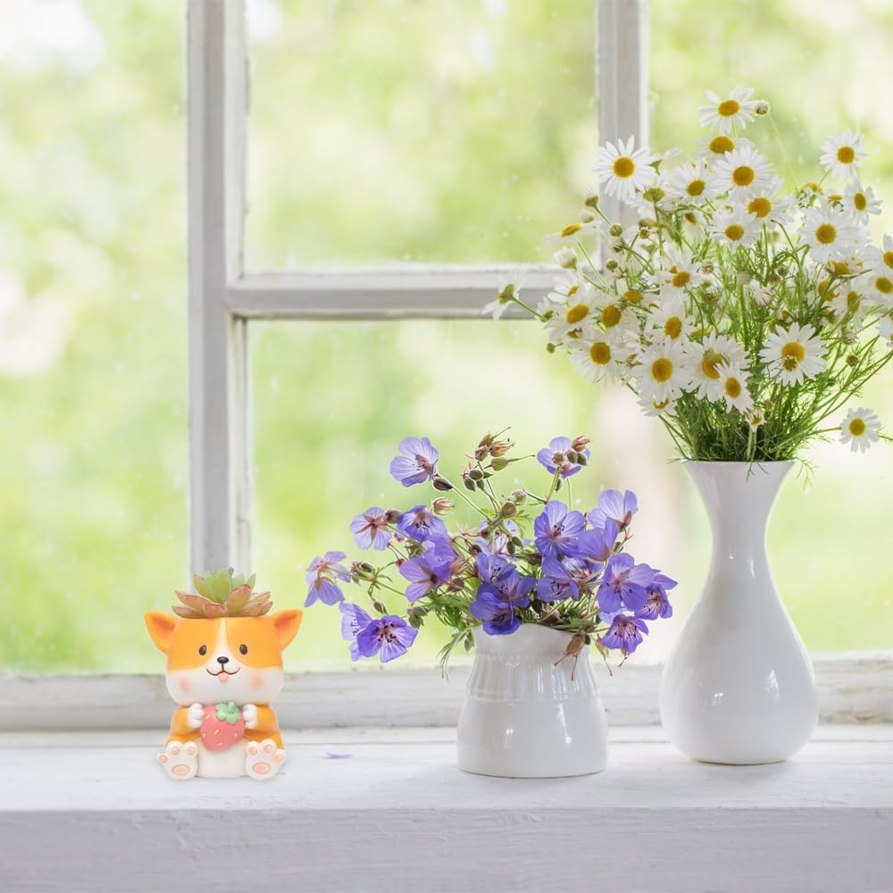 Corgi Ceramic Succulent Planter Pots with Drainage Hole, Handicraft Plant Holder Container Small Succulent Pot Mini Plant Flowerpot Cactus for Home Office Garden Decoration 9X7X9.5 Cm