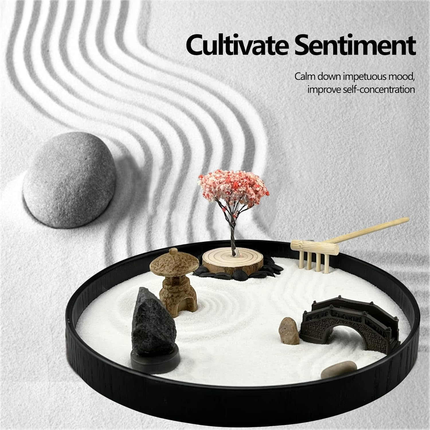 Miners2000 Zen Garden for Desk Japanese Zen Garden Kit 8 Inch Large round with 6 Sand Rake and Accessories Tray Mini Desktop Zen Decor for Home Office Therapy Relaxation Meditation ﻿ image number 4