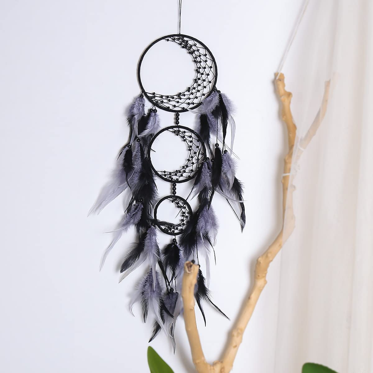 Zingtsing 3 Rings Moon Dream Catcher Hanging Decor Dreamcatcher Wall Hanging Feather Ornaments for Living Room Decor (Black/Grey) image number 5