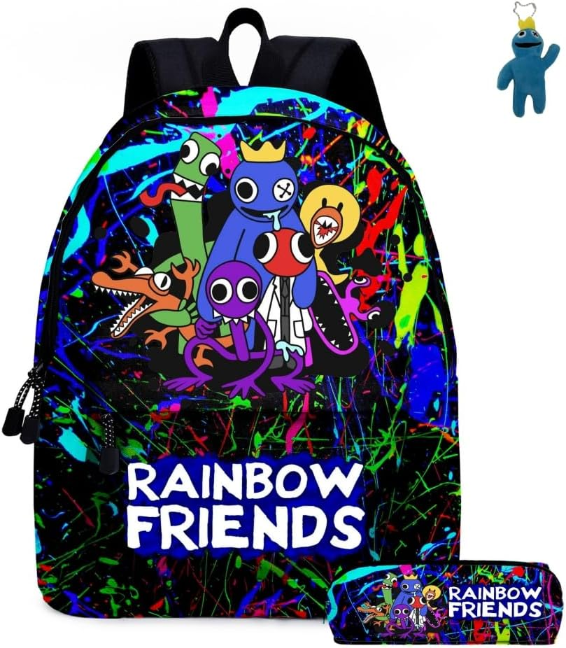 2Pcs Anime Game Rainbow Backpack with Friends Keychain,16In 3D Printed Cartoon Laptop Bag Casual Daypack Travel Backpacks.
