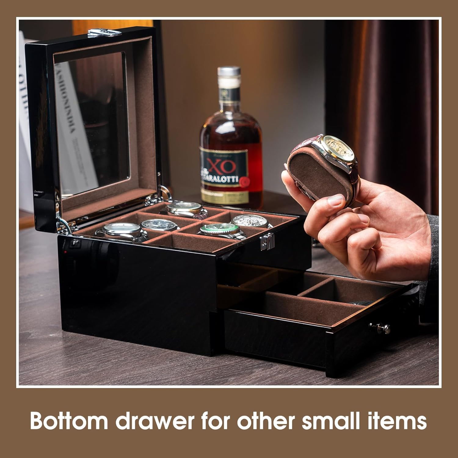 Procase 6 Slots Lacquered Finish Wooden Watch Box for Men, Men&rsquo;S Watch Organizer with Glass Top, 2-Tier Display Case for Wristwatch Storage image number 2