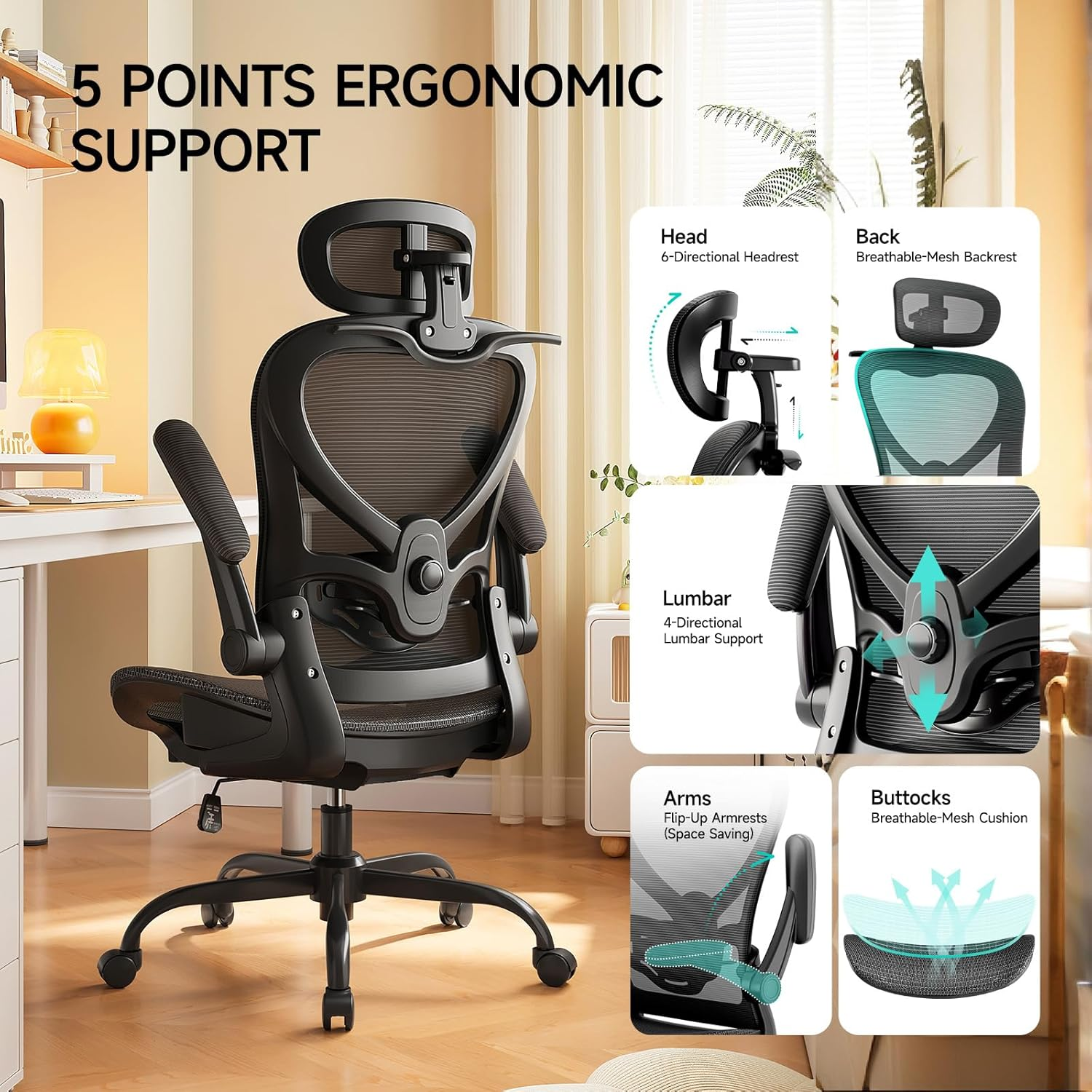 Ergonomic Chair with 3D Headrest, Office Chair with Coat Hanger, Gaming Chair with 2D Lumbar Support & Flip up Arms, Computer Chair Mesh Cushion & Backrest for Office, Study & Meeting,Black image number 6