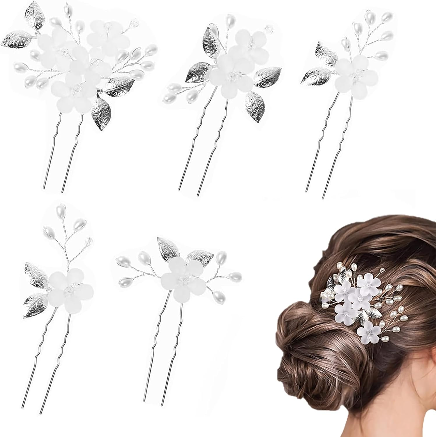 Bridal Wedding Flower Hair Pins Xlwen Pack of 5 Bridal Hair Accessories, U-Shaped Bridal Pearls Hair Pins, Hair Accessories, Wedding Set for Bride and Bridesmaid (Silver) image number 6