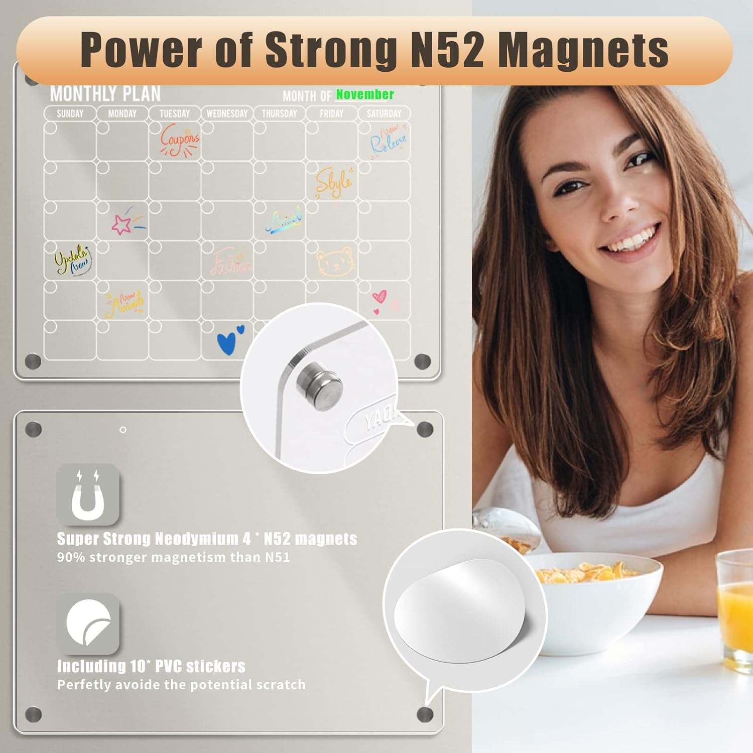 3Pcs Acrylic Magnetic Fridge Calendar, Monthly and Weekly Meal Fridge Planner, Wall Calendar, Clear Dry Erase Board for Refrigerator, W/Dry Erase Markrs, Wall Hook and Silicone Cover image number 6